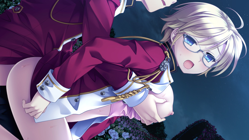 1boy 1girl blonde_hair blue_eyes breast_grab breasts breasts_outside clothed_sex flower game_cg girl_on_top glasses grabbing grabbing_from_behind hello_lady hetero highres imageboard_sample jpeg_artifacts katsuragi_sorako looking_at_viewer medium_breasts night night_sky nipples open_clothes open_mouth outdoors reverse_upright_straddle rose saeki_hokuto sex short_hair sky straddling