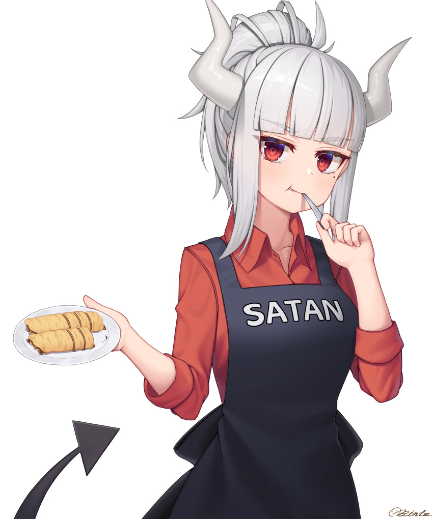 1girl absurdres apron artist_name bangs bintz black_apron blunt_bangs blush breasts collarbone collared_shirt demon_horns demon_tail eyebrows_visible_through_hair food fork fork_in_mouth grin helltaker highres holding holding_fork holding_plate horns looking_at_viewer lucifer_(helltaker) medium_breasts mole mole_under_eye pancake parted_lips plate red_eyes red_shirt shirt short_hair short_ponytail sidelocks signature smile solo tail white_hair