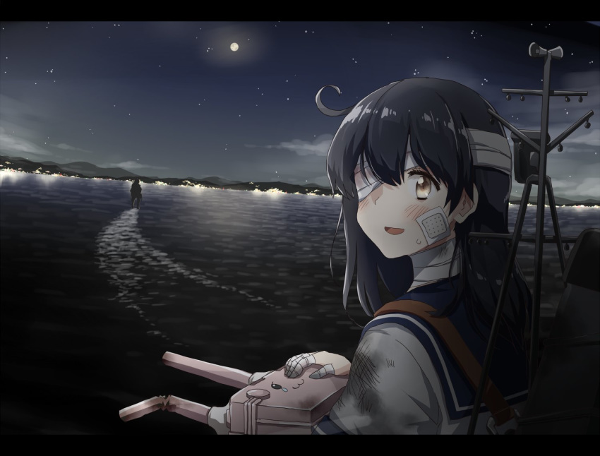 2girls adapted_turret ahoge any_(lucky_denver_mint) bandage_over_one_eye bandaged_fingers bandages bandaid bandaid_on_face black_hair black_sky blue_sailor_collar brown_eyes cannon commentary_request full_moon kantai_collection long_hair machinery moon mountain multiple_girls night ocean sailor_collar school_uniform serafuku sky smokestack solo_focus star_(sky) starry_sky turret upper_body ushio_(kantai_collection) walking walking_on_liquid water