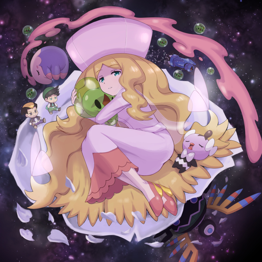 1girl 2boys aqua_eyes beldum blonde_hair cattleya_(pokemon) chibi dress duosion elite_four eyebrows_visible_through_hair fetal_position frontier_brain gen_3_pokemon gen_5_pokemon gothita hat high_heels highres holding holding_pokemon hug kokuran_(pokemon) legs_together long_hair looking_at_viewer multiple_boys musharna nejiki_(pokemon) parted_lips pink_dress pink_footwear pink_headwear pokemoa pokemon pokemon_(creature) pokemon_(game) pokemon_bw pokemon_dppt pokemon_platinum shiny shiny_hair sigilyph solosis starry_background teeth two-tone_footwear very_long_hair yellow_footwear