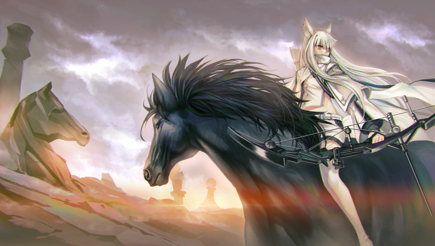 animal animal_ears arknights bow_(weapon) brown_eyes cropped haimerejzero horse long_hair platinum_(arknights) shorts tail thighhighs weapon white_hair