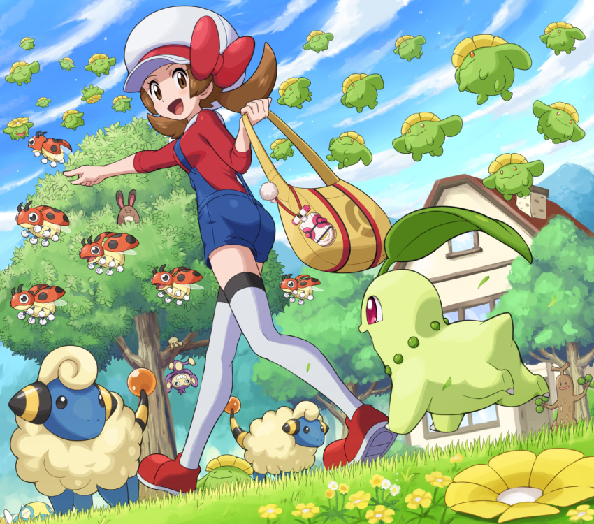 1girl :d aipom bag blue_overalls blush bow brown_eyes brown_hair building chikorita cloud day dunsparce eyelashes flower from_below from_side gen_2_pokemon grass hat hat_bow highres holding holding_bag kotone_(pokemon) ledyba looking_down mareep open_mouth outdoors outstretched_arm overalls pointing pokemoa pokemon pokemon_(creature) pokemon_(game) pokemon_hgss red_bow red_footwear shoes skiploom sky smile starter_pokemon sudowoodo thighhighs tongue tree twintails walking white_headwear white_legwear yellow_bag