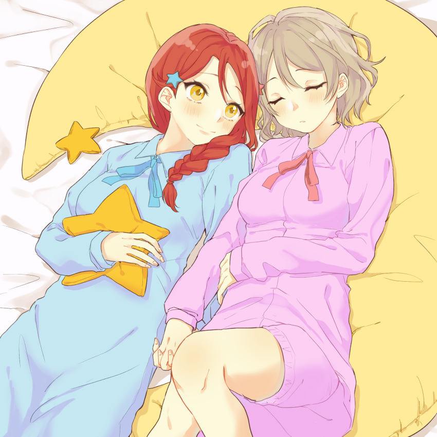 2girls azuma_(no488888) blue_pajamas blush braid closed_eyes grey_hair highres long_hair long_sleeves love_live! love_live!_sunshine!! moon multiple_girls pajamas pink_pajamas red_hair sakurauchi_riko single_braid sleeping smile star_(symbol) watanabe_you yellow_eyes