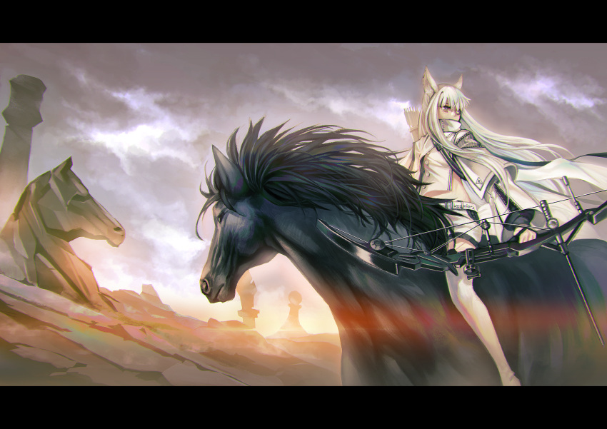 animal animal_ears arknights bow_(weapon) brown_eyes haimerejzero horse long_hair platinum_(arknights) shorts tail thighhighs weapon white_hair