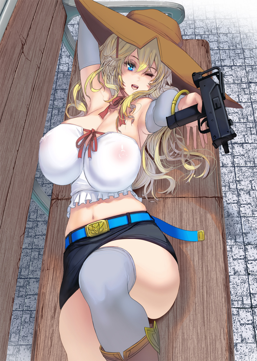 arm_up bangs bare_shoulders belt blonde_hair blue_eyes boots bracelet breasts detached_sleeves gun hair_between_eyes hat highres holding holding_gun holding_weapon jewelry large_breasts long_hair looking_at_viewer lying masao midriff navel nipples on_back one_eye_closed open_mouth original pencil_skirt see-through skirt strapless thighhighs weapon white_legwear
