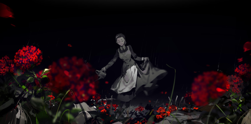 1girl apron black_background black_dress black_hair black_legwear boots brown_footwear closed_eyes closed_mouth collar commentary_request dress facing_viewer flower grass hair_bun highres holding holding_dress holding_watering_can isabella_(yakusoku_no_neverland) long_sleeves rain red_flower simple_background smile standing watering_can white_apron yakusoku_no_neverland yala1453