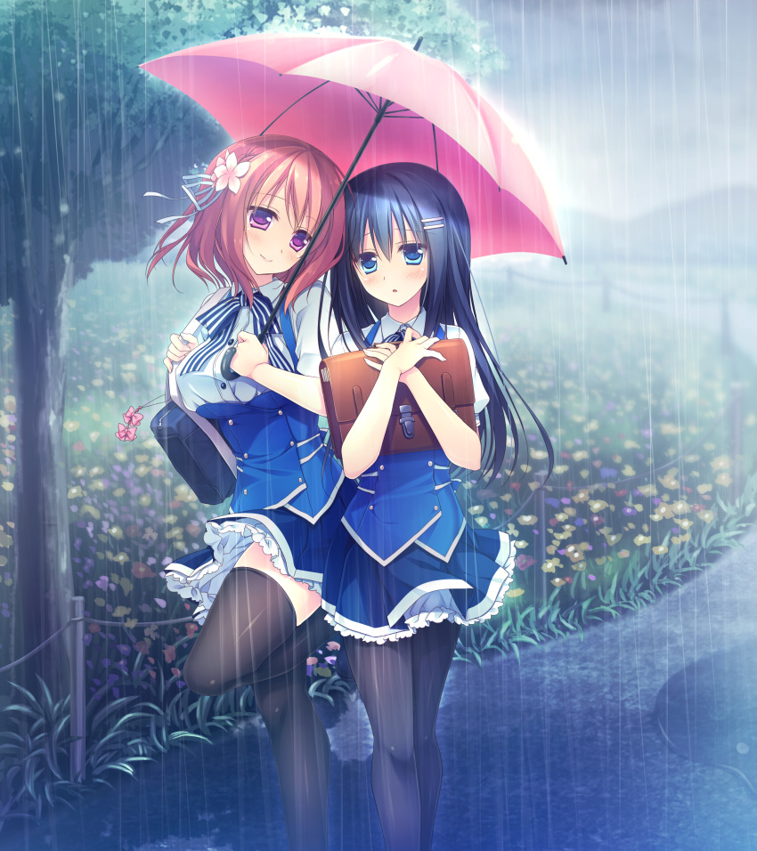 2girls absurdres bag black_hair blue_eyes flower hair_flower hair_ornament highres holding holding_bag holding_umbrella hoshina_nagisa imageboard_sample jpeg_artifacts kimi_no_tonari_de_koishiteru! komatsu_rina long_hair medium_hair motomiya_mitsuki multiple_girls pantyhose pink_eyes rain red_hair school_uniform thighhighs tree umbrella zettai_ryouiki