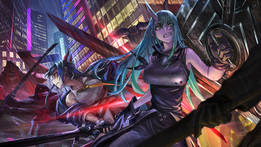 2girls arknights arm_scarf bangs bare_shoulders black_gloves black_shirt black_shorts blue_hair ch'en_(arknights) cityscape clenched_teeth closed_mouth clothes_around_waist commentary_request dragon_horns dual_wielding fingerless_gloves gloves green_eyes green_hair hair_between_eyes highres holding holding_shield holding_sword holding_weapon horns hoshiguma_(arknights) jacket_around_waist kuro_dora long_hair low_tied_hair multicolored_neckwear multiple_girls neckwear oni_horn rain red_eyes shield shirt short_shorts shorts single_horn sword teeth weapon