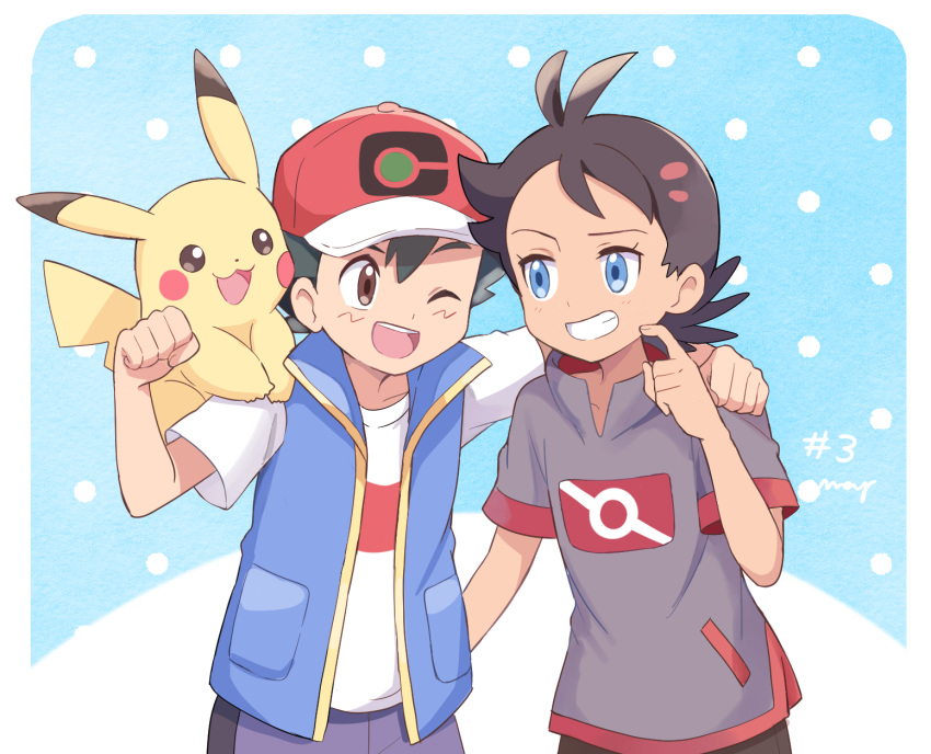 2boys :3 ;d arm_around_shoulder baseball_cap black_hair black_shirt blue_background blue_eyes blue_jacket blue_shorts brown_eyes commentary_request dark_skin dark_skinned_male episode_number gen_1_pokemon gou_(pokemon) grin hat highres jacket looking_at_another mei_(maysroom) multiple_boys number on_shoulder one_eye_closed open_mouth pikachu pokemon pokemon_(anime) pokemon_(creature) pokemon_on_shoulder pokemon_swsh_(anime) polka_dot polka_dot_background red_headwear satoshi_(pokemon) shirt shorts signature smile white_shirt