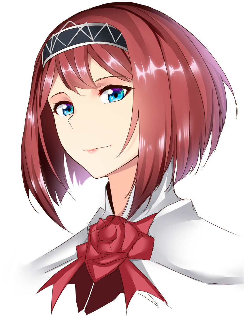 1girl absurdres ark_royal_(kantai_collection) bangs blue_eyes blunt_bangs bob_cut close-up closed_mouth eyelashes face flower highres inverted_bob kantai_collection lips obei_teitoku portrait red_flower red_hair red_ribbon red_rose ribbon rose short_hair solo tiara white_background