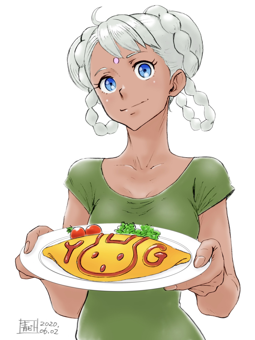 1girl absurdres aobito_sukayaka_bystander bangs blue_eyes braid braided_bun dark_skin dated double_bun facial_mark food forehead_mark green_shirt gundam gundam_g_no_reconguista hair_rings highres looking_at_viewer omurice raraiya_monday shirt short_hair silver_hair simple_background solo standing swept_bangs upper_body white_background