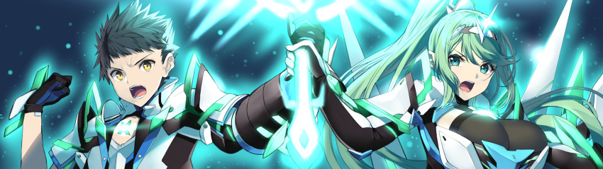 1boy 1girl bangs blue_background breasts brown_hair gloves glowing green_eyes green_hair hair_ornament highres holding holding_sword holding_weapon large_breasts open_mouth pneuma_(xenoblade_2) ponytail rex_(xenoblade_2) short_hair source_request spoilers swept_bangs sword upper_body weapon xenoblade_(series) xenoblade_2 yappen yellow_eyes