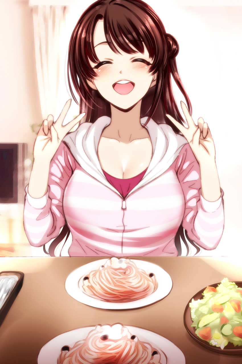 1girl absurdres bangs blush breasts brown_hair cleavage closed_eyes collarbone double_v food highres hood hooded_jacket idolmaster idolmaster_cinderella_girls jacket large_breasts long_hair long_sleeves one_side_up open_mouth pasta pink_jacket plate salad shimamura_uzuki smile spaghetti swept_bangs table v yasui_riosuke