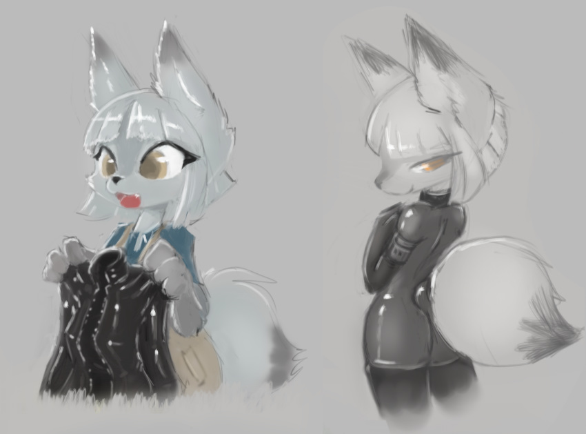 2020 anthro black_nose butt canid canine clothing female fox green_eyes hair kinki_(sorrynothing) legwear mammal open_mouth rubber rubber_suit short_hair simple_background smile solo sorrynothing stockings surprise