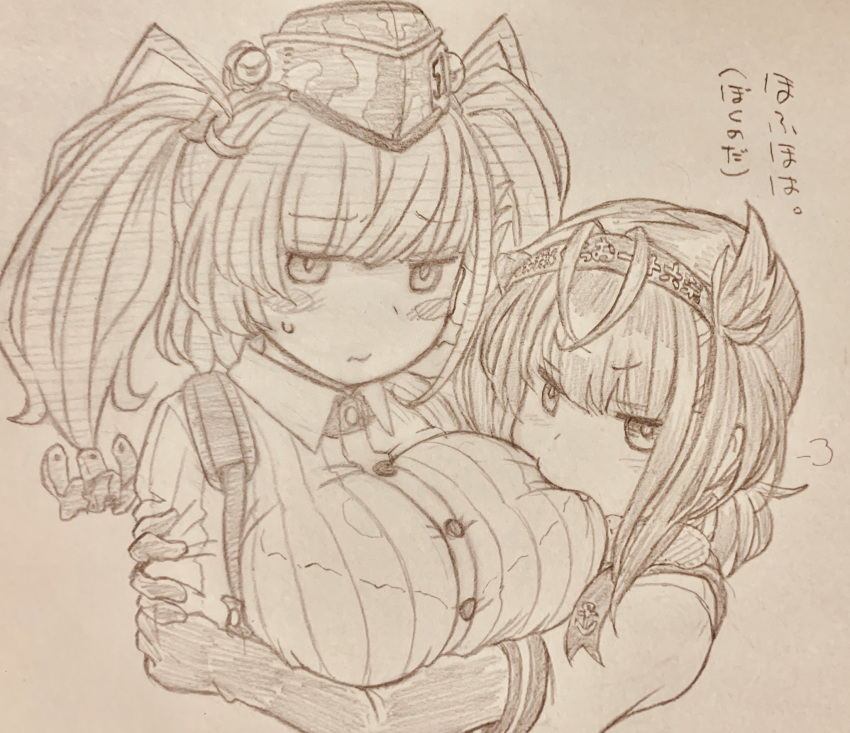 2girls atlanta_(kantai_collection) blush blush_stickers breast_biting breasts earrings fukidamari_no_peke hair_flaps hairband hatsuzuki_(kantai_collection) headband highres hug jewelry kantai_collection large_breasts long_hair monochrome multiple_girls short_hair star_(symbol) star_earrings translation_request yuri