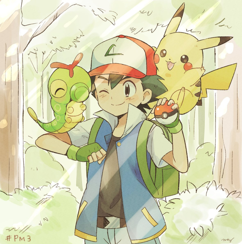 1boy ^_^ backpack bag baseball_cap belt black_hair black_shirt blue_jacket blue_pants brown_eyes caterpie closed_eyes commentary_request cowboy_shot episode_number fingerless_gloves forest gen_1_pokemon gloves green_backpack green_gloves hat holding holding_poke_ball jacket looking_at_another male_focus mei_(maysroom) nature number on_shoulder one_eye_closed outdoors pants pikachu poke_ball poke_ball_(generic) pokemon pokemon_(anime) pokemon_(classic_anime) pokemon_(creature) pokemon_on_arm pokemon_on_shoulder satoshi_(pokemon) shirt signature smile tree viridian_forest