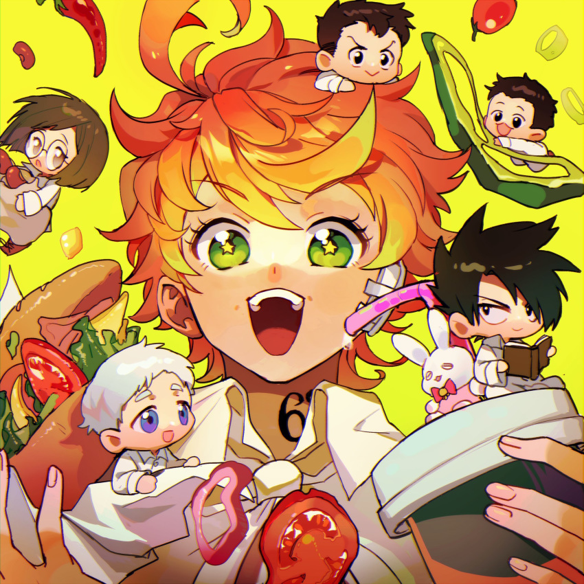 2girls 4boys ahoge bandaid bandaid_on_ear black_eyes black_hair book bow bread brown_eyes brown_footwear brown_hair cheese chibi chili_pepper closed_mouth collar collared_shirt commentary_request cup don_(yakusoku_no_neverland) drinking_straw emma_(yakusoku_no_neverland) food full_body gilda_(yakusoku_no_neverland) glasses green_eyes hair_over_one_eye highres holding holding_book holding_cup holding_food ke02152 lettuce long_sleeves looking_at_another looking_at_viewer multiple_boys multiple_girls neck_tattoo norman_(yakusoku_no_neverland) number_tattoo open_book open_mouth orange_hair pants pepper phil_(yakusoku_no_neverland) pink_bow ray_(yakusoku_no_neverland) round_eyewear shirt short_hair simple_background sitting smile spiked_hair star-shaped_pupils star_(symbol) stuffed_animal stuffed_bunny stuffed_toy symbol-shaped_pupils tattoo teeth thick_eyebrows tomato toy upper_body white_hair white_pants white_shirt yakusoku_no_neverland yellow_background