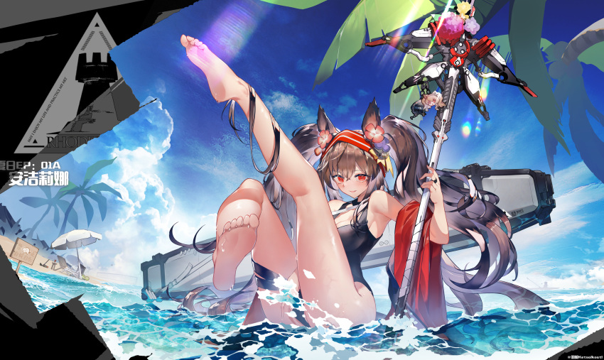 1girl absurdres angelina_(arknights) animal_ears arknights bare_legs barefoot beach black_hair coat earpiece feet flower fox_ears hair_flower hair_ornament hairband highres holding holding_staff jacket long_hair ocean red_eyes red_hairband shorts staff striped striped_hairband swimsuit twintails water white_coat white_jacket zipplin