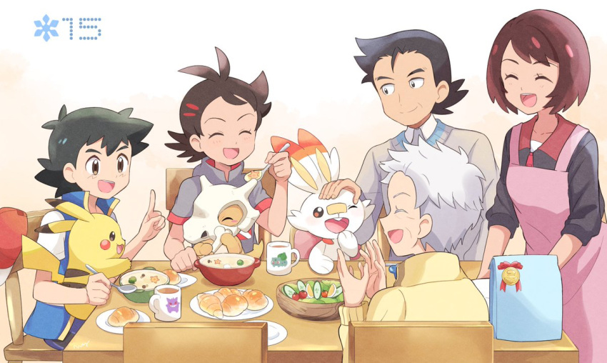 2girls 3boys :d apron baseball_cap black_hair black_sweater blue_jacket blue_shorts blush bone bowl bread brown_hair bulbasaur bunny chair character_print closed_eyes collared_shirt creature cubone cup dark_skin dark_skinned_male dinner episode_number family father_and_son food gen_1_pokemon gen_8_pokemon gengar gou_(pokemon) grandmother_and_grandson grey_hair grey_shirt grey_sweater happy hat hat_removed headwear_removed holding holding_bone holding_spoon husband_and_wife ikuo_(pokemon) index_finger_raised jacket kurune_(pokemon) looking_at_another mei_(maysroom) mother_and_son mug multiple_boys multiple_girls number old_woman on_chair on_lap one_eye_closed open_mouth petting pikachu pink_apron plate pokemon pokemon_(anime) pokemon_(creature) pokemon_on_lap pokemon_swsh_(anime) red_headwear salad satoshi_(pokemon) scorbunny shirt short_hair shorts sitting sitting_on_lap sitting_on_person smile soup spoon standing starter_pokemon staryu sweater table themed_object tome_(pokemon) upper_teeth white_shirt wrinkles yellow_sweater |d