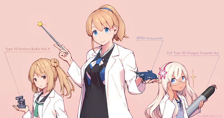 3girls aircraft alternate_costume bangs blonde_hair blue_eyes blush breasts brown_eyes brown_hair commentary_request double_bun eyebrows_visible_through_hair flower glasses hair_bun hair_flower hair_ornament highres holding intrepid_(kantai_collection) kantai_collection labcoat large_breasts light_brown_hair long_hair long_sleeves looking_at_viewer michishio_(kantai_collection) multiple_girls nakaaki_masashi neckerchief ponytail prototype_fat_type_95_oxygen_torpedo_kai radar remodel_(kantai_collection) ro-500_(kantai_collection) short_hair short_twintails simple_background smile tan tanline torpedo twintails