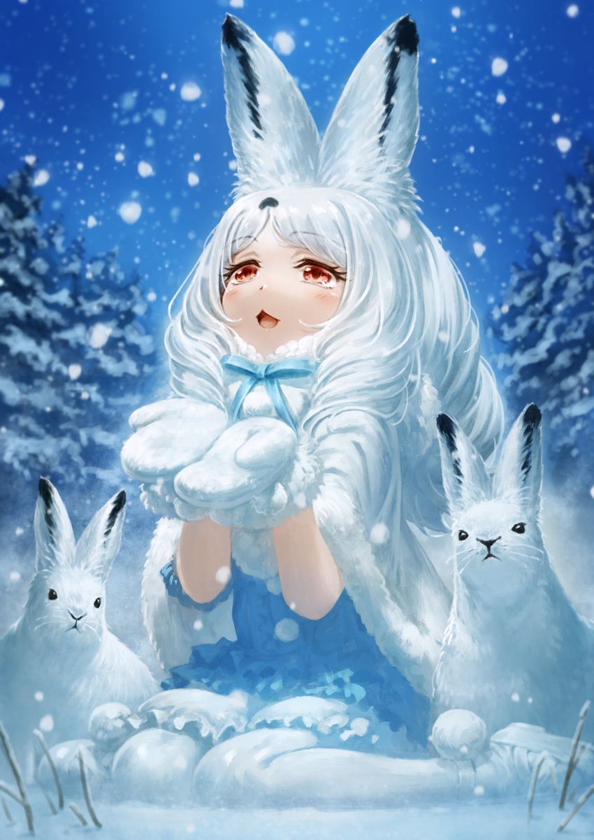1girl :3 :d animal animal_ear_fluff animal_ears arctic_hare_(kemono_friends) bunny bunny_ears capelet commentary eyebrows_visible_through_hair fur-trimmed_capelet fur_trim highres kemono_friends lain long_hair looking_up mittens open_mouth outdoors pantyhose red_eyes sitting smile snow snowing solo wariza white_capelet white_hair white_legwear white_mittens