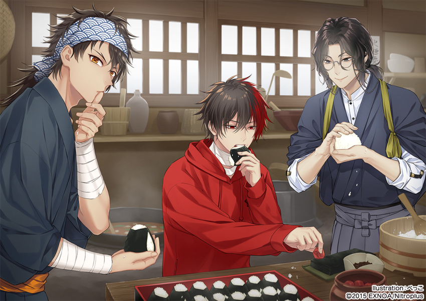 3boys bandaged_neck bandana black_hair blue_eyes bowl brown_hair eating food fruit glasses hakama hizen_tadahiro hood hoodie ichi-be japanese_clothes ladle male_focus multicolored_hair multiple_boys mutsu-no-kami_yoshiyuki nankaitarou_chouson official_art onigiri red_eyes red_hair rice seigaiha smile tasuki touken_ranbu two-tone_hair umeboshi yellow_eyes