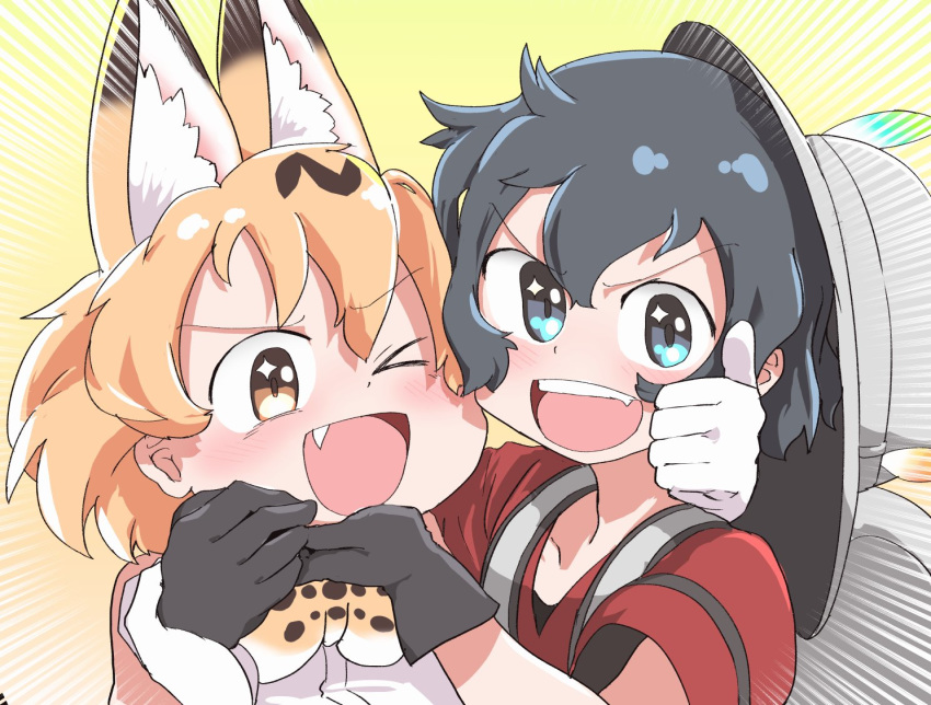 2girls animal_ears backpack bag baka-man black_eyes black_hair blonde_hair bow bowtie gloves hair_between_eyes hat hat_feather helmet kaban_(kemono_friends) kemono_friends multiple_girls open_mouth pith_helmet red_shirt serval_(kemono_friends) serval_ears serval_print shirt short_hair sleeveless smile thumbs_up wavy_hair