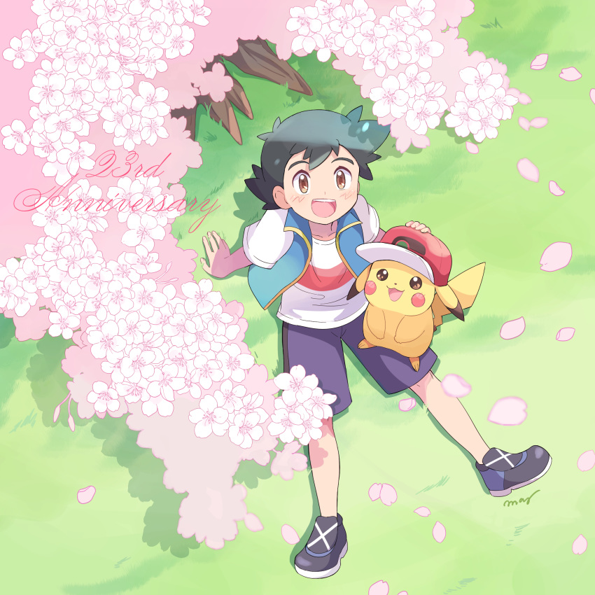 1boy baseball_cap black_hair blown_petals blue_shorts blue_vest brown_eyes cherry_blossoms cherry_tree english_text gen_1_pokemon hand_on_another's_hat hat hatted_pokemon highres looking_up male_focus mei_(maysroom) open_mouth pikachu pokemon pokemon_(anime) pokemon_(creature) pokemon_swsh_(anime) satoshi_(pokemon) shirt shorts sitting sleeveless smile spiked_hair tagme upper_teeth vest white_shirt