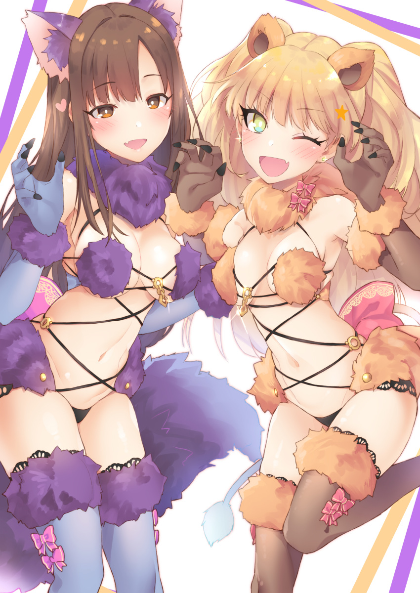 2girls ;d absurdres alternate_color animal_ears bangs bare_shoulders blonde_hair blush bow breasts brown_eyes brown_gloves brown_hair brown_legwear claw_pose cleavage cosplay dangerous_beast elbow_gloves eyelashes fang fate/grand_order fate_(series) fur-trimmed_gloves fur-trimmed_legwear fur_collar fur_trim gloves green_eyes halloween_costume heart highres idolmaster idolmaster_cinderella_girls jougasaki_rika lace lace-trimmed_legwear lion_ears lion_tail long_hair looking_at_viewer mash_kyrielight mash_kyrielight_(cosplay) medium_breasts mizumoto_yukari multiple_girls navel o-ring one_eye_closed open_mouth pink_bow purple_gloves purple_legwear revealing_clothes small_breasts smile sparkle tail thighhighs thighs two_side_up white_background wolf_ears wolf_tail yamaguchi_(shinigami-no-barad)