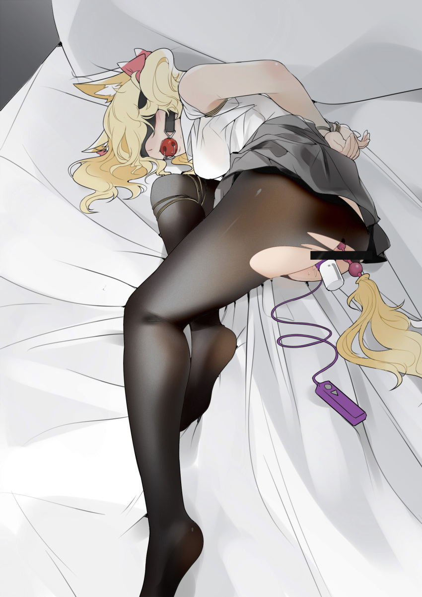 1girl anal anal_beads anal_object_insertion anal_tail animal_ear_fluff animal_ears arknights arms_behind_back ball_gag bar_censor bdsm bed bed_sheet black_blindfold black_legwear black_skirt blindfold blonde_hair bondage bound bound_wrists bow censored fake_tail gag gagged hair_bow hair_ribbon highres lying object_insertion on_side pantyhose pillow red_bow red_ribbon ribbon saliva shinnasuka025 shirt skirt solo sora_(arknights) tail torn_clothes torn_legwear vaginal vaginal_object_insertion vibrator white_shirt wolf_ears