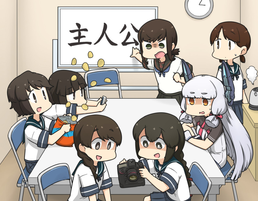 6+girls bangs black_eyes black_hair black_sailor_collar black_skirt blue_sailor_collar blue_skirt blunt_bangs braid brown_eyes brown_hair camera cellphone chair chips commentary_request food fubuki_(kantai_collection) gloves hair_over_shoulder hair_ribbon hamu_koutarou hatsuyuki_(kantai_collection) headgear highres isonami_(kantai_collection) kantai_collection long_hair low_ponytail low_twintails miyuki_(kantai_collection) multiple_girls murakumo_(kantai_collection) necktie orange_eyes parted_bangs phone pleated_skirt ponytail potato_chips red_neckwear remodel_(kantai_collection) ribbon sailor_collar school_uniform serafuku shirayuki_(kantai_collection) short_eyebrows short_hair short_ponytail short_twintails sidelocks silver_hair single_braid sitting skirt table translation_request tress_ribbon twintails uranami_(kantai_collection) wavy_hair white_gloves whiteboard