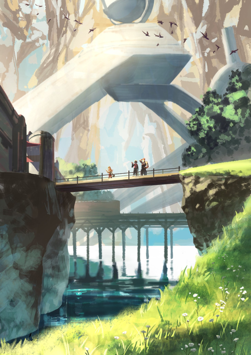 1girl 2boys bird blonde_hair bridge brown_hair cliff fiorun flock grass highres multiple_boys pito_(pitosan) rein_(xenoblade) river scenery shulk tree waving xenoblade_(series) xenoblade_1