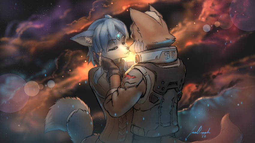 16:9 anthro canid canine clothing cloud duo female fox fox_mccloud hand_on_head imminent_kiss intimate jacket jecbrush kissing krystal male male/female mammal nintendo romantic_ambiance romantic_couple signature space star star_fox sun topwear video_games widescreen