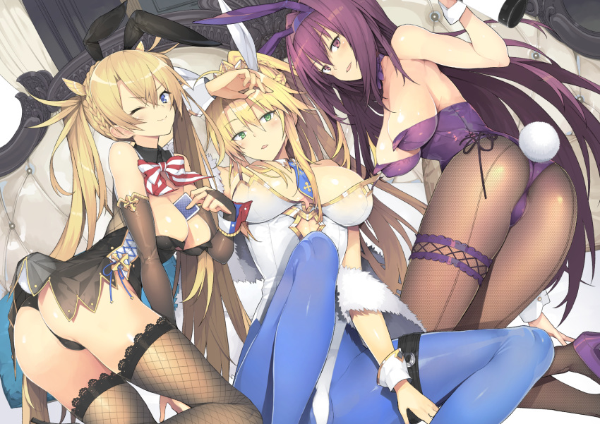 animal_ears artoria_pendragon_(all) artoria_pendragon_(swimsuit_ruler)_(fate) artoria_pendragon_(swimsuit_ruler)_(fate)_(cosplay) ass bare_shoulders blonde_hair blue_eyes blue_neckwear bow bowtie bradamante_(fate/grand_order) braid breasts bunny_ears bunny_girl bunny_tail bunnysuit card cleavage cosplay couch crown_braid detached_collar fake_animal_ears fate/grand_order fate_(series) feather_boa fishnet_legwear fishnets french_braid green_eyes hair_between_eyes highleg highleg_leotard highres indoors large_breasts leotard long_hair pantyhose purple_hair red_eyes scathach_(fate)_(all) scathach_(fate/grand_order) strapless strapless_leotard tail thigh_strap tiara twintails very_long_hair wrist_cuffs yuguru