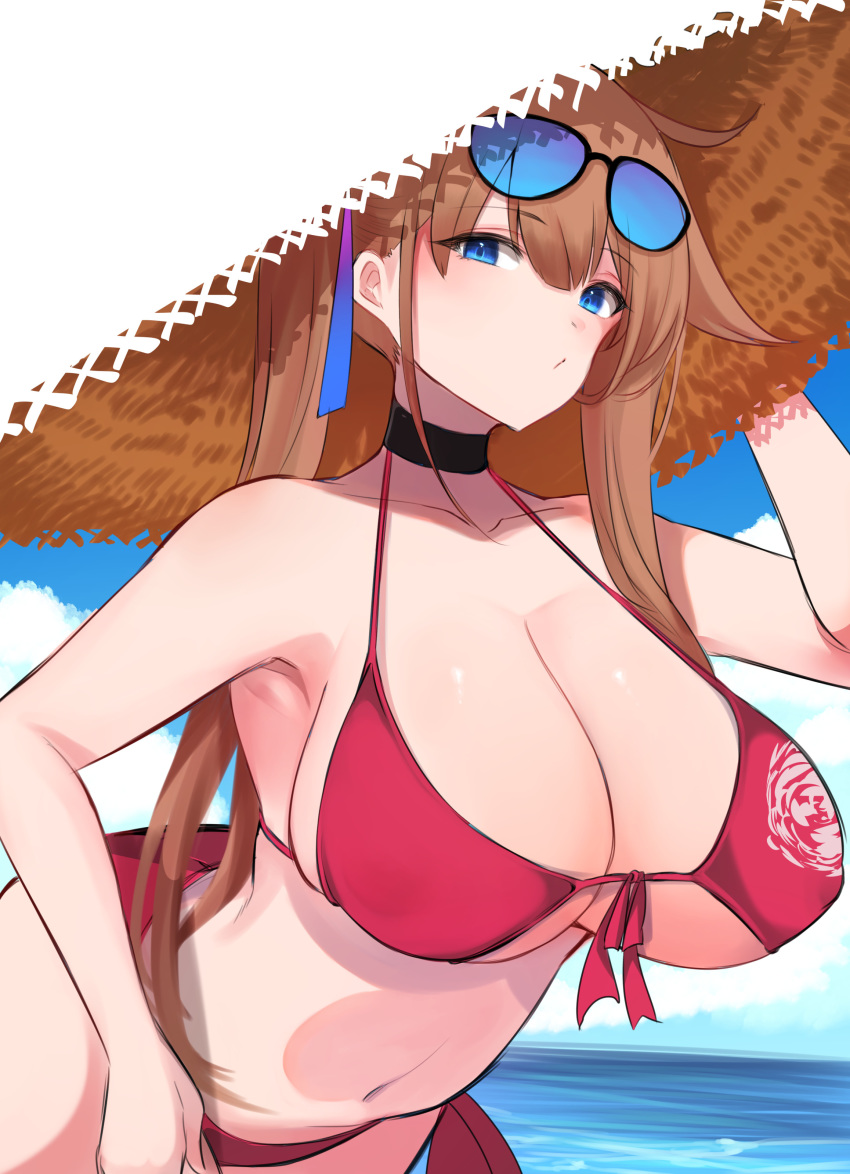 10eki_(tenchou) 1girl absurdres bangs bikini blue_sky blush breasts brown_hair choker cleavage cloud eyebrows_visible_through_hair eyeliner eyewear_on_head fal_(girls_frontline) girls_frontline hat highres large_breasts looking_at_viewer makeup navel ocean purple_bikini sky solo straw_hat sunglasses swimsuit twintails