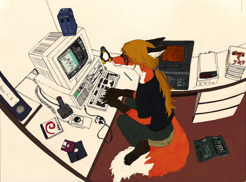 2020 akira_(film) ambiguous_gender anthro avian bird bird's-eye_view black_clothing black_shirt black_topwear bottomwear brown_hair canid canine clothed clothing computer computer_mouse controller debian desk detailed_background dipstick_tail doctor_who elizabeth_bodaneze eyewear floppy_disk fox fur furniture glasses hair headphones high-angle_view joystick keyboard laptop linux magazine mammal monitor multicolored_tail pants penguin ponytail red_body red_fox red_fur shirt sitting solo tardis topwear traditional_media_(artwork) trans_(lore) trans_woman_(lore) tux_the_penguin white_body white_fur xenia_(linux_fox)