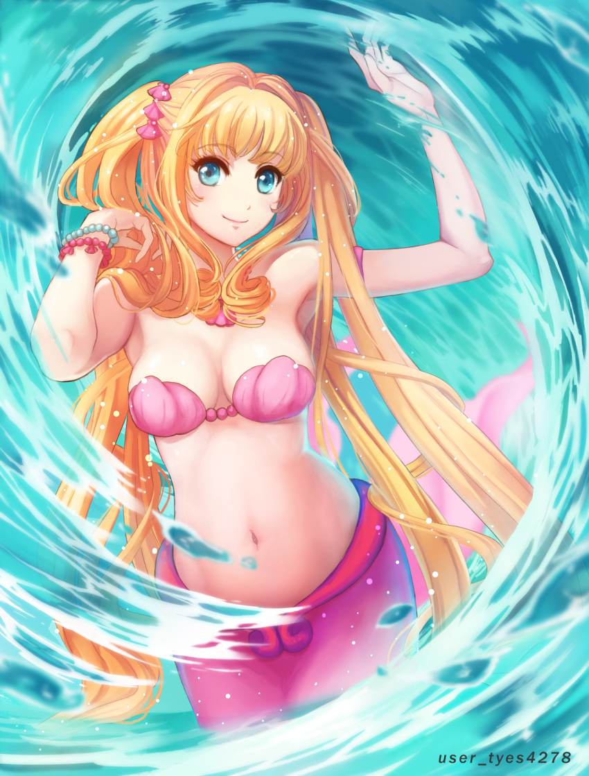 1girl armlet armpits aslasht bangs blonde_hair blue_eyes blush bracelet breasts cleavage commentary cowboy_shot drill_locks eyebrows_visible_through_hair hair_intakes hair_ornament hands_up highres jewelry long_hair looking_at_viewer medium_breasts mermaid mermaid_melody_pichi_pichi_pitch midriff monster_girl nanami_lucia navel necklace pearl_bracelet pixiv_username shell shell_bikini shell_necklace sidelocks smile solo split_tail twintails very_long_hair waves