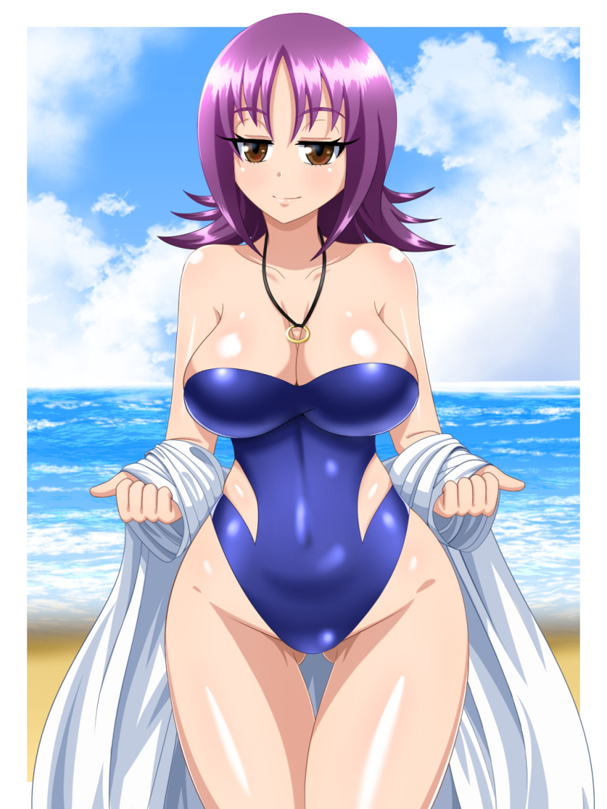1girl bare_shoulders beach blue_sky breasts brown_eyes cleavage cloud collarbone day highres jewelry labcoat large_breasts light_blush light_smile looking_at_viewer medium_hair necklace ocean one-piece_swimsuit pokemon pokemon_(anime) pokemon_(classic_anime) purple_hair sky solo strapless strapless_swimsuit swimsuit uchikido_(pokemon) undressing yensh