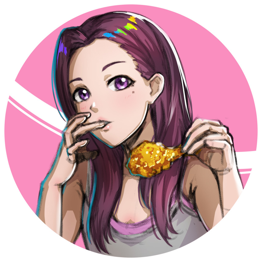 1girl chicken_(food) chicken_leg circle finger_in_mouth flat_chest food fried_chicken grey_tank_top hair_over_breasts hands_up holding holding_food kelinch1 light_blush long_hair looking_at_viewer mole mole_under_eye multicolored_hair open_mouth original portrait purple_background purple_eyes purple_hair rainbow_hair simple_background solo tank_top two-tone_background