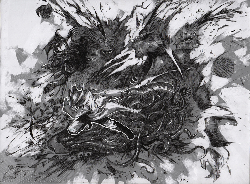 1boy bleeding blood bloodborne coat cutting death extra_eyes eyeball gloves greyscale hat hatching_(texture) holding holding_weapon hunter_(bloodborne) monochrome monster open_mouth organs sharp_teeth shibafu_no_atama teeth weapon