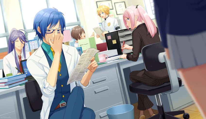 3boys 3girls adjusting_eyewear ahoge armband badge belt blonde_hair blue_eyes blue_hair blue_vest blurry_foreground book book_stack brown_hair cabinet closed_eyes coat commentary computer crossed_legs cup desk dutch_angle executive_student_council_(module) faceless faceless_female genius_(module) grey_skirt hand_on_eyewear holding holding_folder holding_paper holding_pen kagamine_len kaito kamui_gakupo laptop long_hair looking_back megurine_luka meiko miniskirt mug multiple_boys multiple_girls necktie nokuhashi office paper pen pink_hair pleated_skirt ponytail project_diva_(series) purple_hair recruiter_(module) school school_uniform sitting skirt sleeves_rolled_up smile standing swivel_chair v-shaped_eyebrows vest vocaloid white_coat window yellow_neckwear