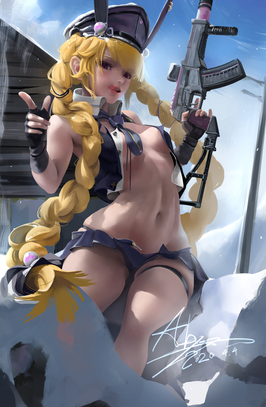 1girl :p absurdres abys blonde_hair braid breasts finger_gun girls_frontline highres long_hair looking_at_viewer medium_breasts navel parted_lips purple_eyes skindentation solo sr-3mp_(girls_frontline) teeth thick_thighs thigh_strap thighs tongue tongue_out twintails unbuttoned very_long_hair