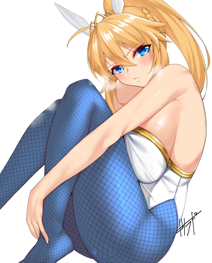 1girl ahoge animal_ears artoria_pendragon_(all) artoria_pendragon_(swimsuit_ruler)_(fate) bangs bare_arms bare_shoulders blonde_hair blue_legwear blush breasts bunny_ears closed_mouth commentary_request eyebrows_visible_through_hair fake_animal_ears fate/grand_order fate_(series) fishnet_legwear fishnets hair_between_eyes high_ponytail highres kisaragi_(legobionicle23) knees_up large_breasts leotard long_hair looking_at_viewer pantyhose signature sitting solo thighs white_leotard