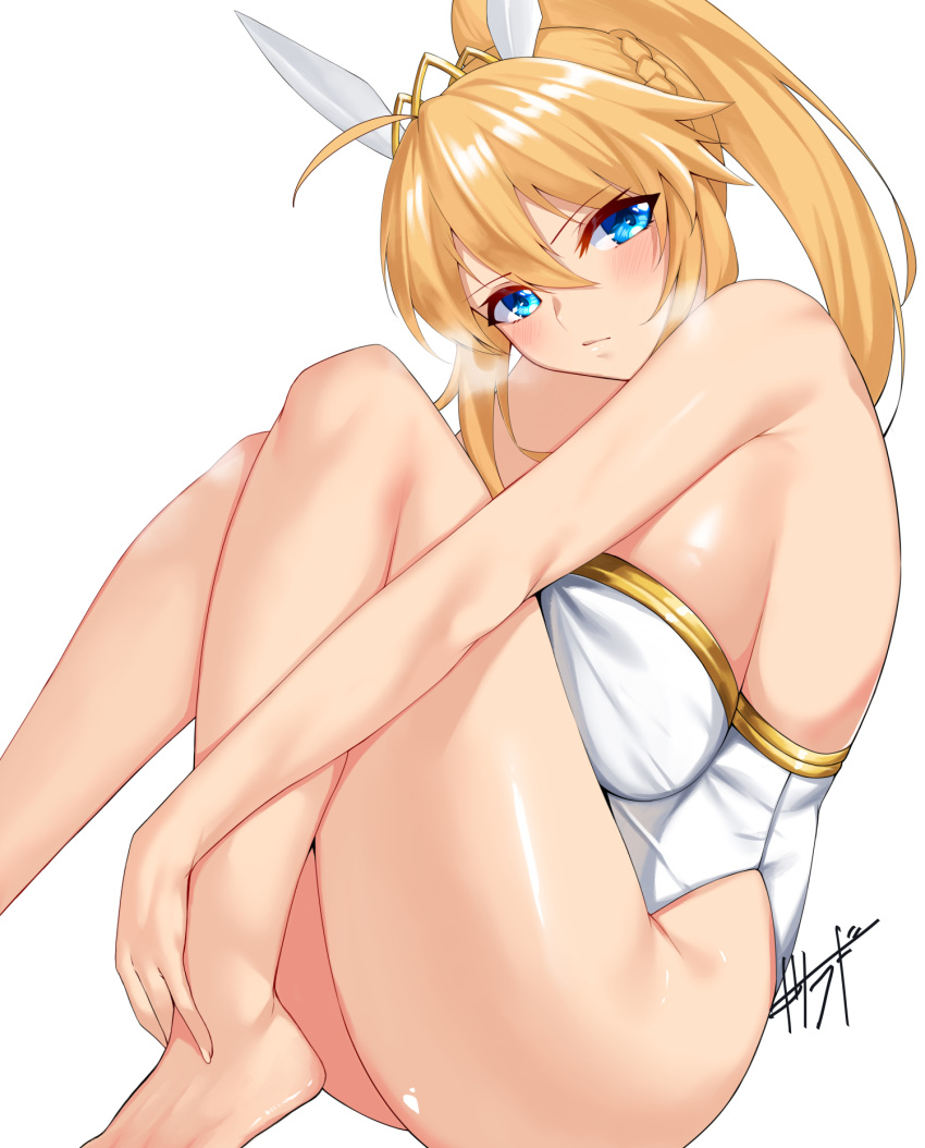 1girl ahoge animal_ears artoria_pendragon_(all) artoria_pendragon_(swimsuit_ruler)_(fate) bangs bare_arms bare_legs bare_shoulders barefoot blonde_hair blush breasts bunny_ears closed_mouth commentary_request eyebrows_visible_through_hair fake_animal_ears fate/grand_order fate_(series) hair_between_eyes high_ponytail highres kisaragi_(legobionicle23) knees_up large_breasts leotard long_hair looking_at_viewer signature sitting solo thighs white_leotard