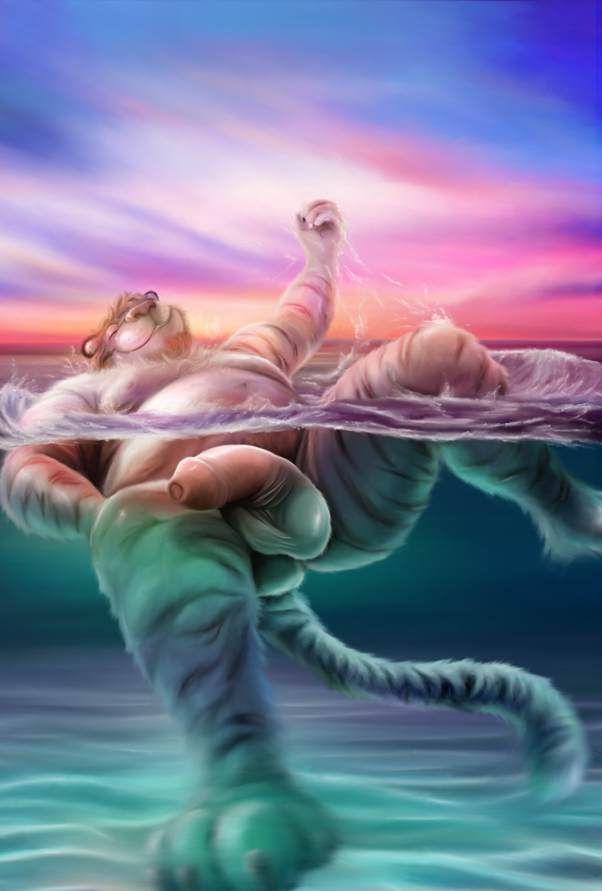 2020 4_toes anthro balls beard digitigrade evening eyes_closed facial_hair felid foreskin fur genitals hi_res humanoid_genitalia humanoid_penis killianwalker male mammal nude orange_stripes pantherine partially_submerged penis sea sky slightly_chubby smile solo stripes swimming tiger toes uncut water whiskers white_body white_fur