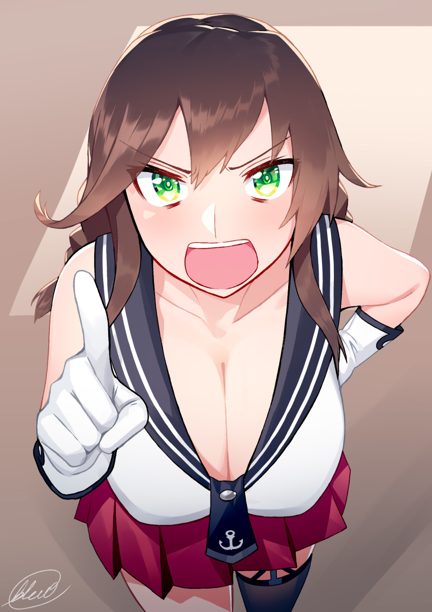 1girl :o absurdres asymmetrical_legwear bangs bare_shoulders black_legwear blew_andwhite braid breasts brown_hair cleavage commentary_request from_above garter_straps gloves green_eyes hand_on_hip highres index_finger_raised kantai_collection large_breasts long_hair looking_at_viewer necktie noshiro_(kantai_collection) open_mouth pleated_skirt red_skirt school_uniform serafuku sidelocks signature single_thighhigh skirt thighhighs twin_braids white_gloves