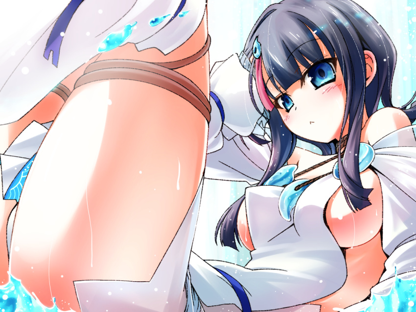 1girl arm_behind_head bangs bare_shoulders black_hair blue_eyes blue_ribbon blush breasts closed_mouth detached_leggings dress fate/grand_order fate/requiem fate_(series) fundoshi hisame_genta japanese_clothes jewelry knees_up large_breasts leaning_back long_sleeves looking_at_viewer magatama magatama_hair_ornament medium_hair multicolored_hair necklace pelvic_curtain pink_hair puffy_long_sleeves puffy_sleeves ribbon short_dress sideboob sideless_outfit streaked_hair thighs utsumi_erise water wet white_dress white_legwear