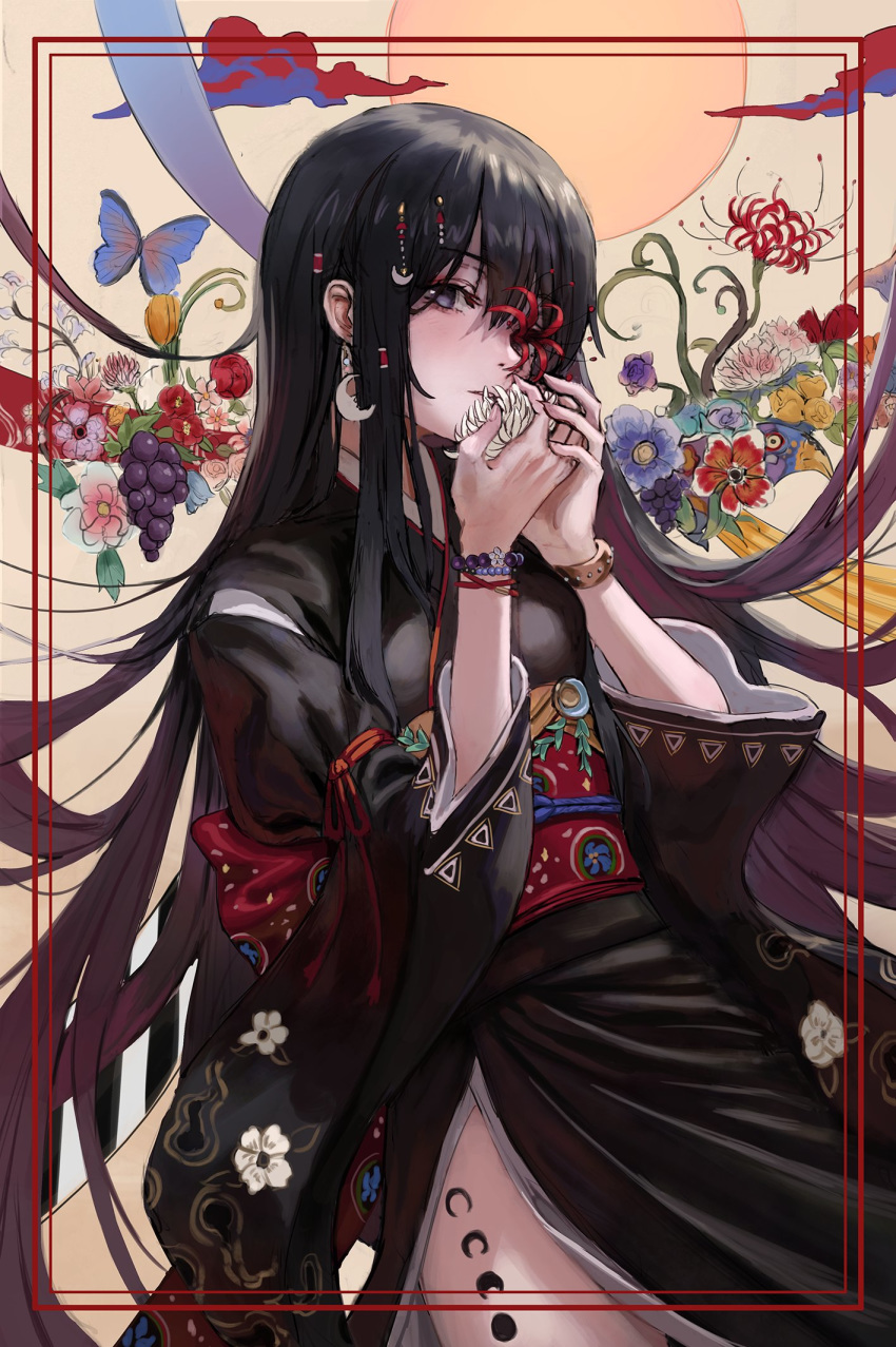 1girl bangs black_hair black_kimono blue_flower bracelet bug butterfly check_copyright copyright_request crescent crescent_earrings crescent_hair_ornament earrings floral_print flower food frame gold_can hair_ornament highres holding holding_flower insect japanese_clothes jewelry kimono long_hair long_sleeves looking_at_viewer one_eye_covered original red_flower sash smile solo very_long_hair white_flower wide_sleeves