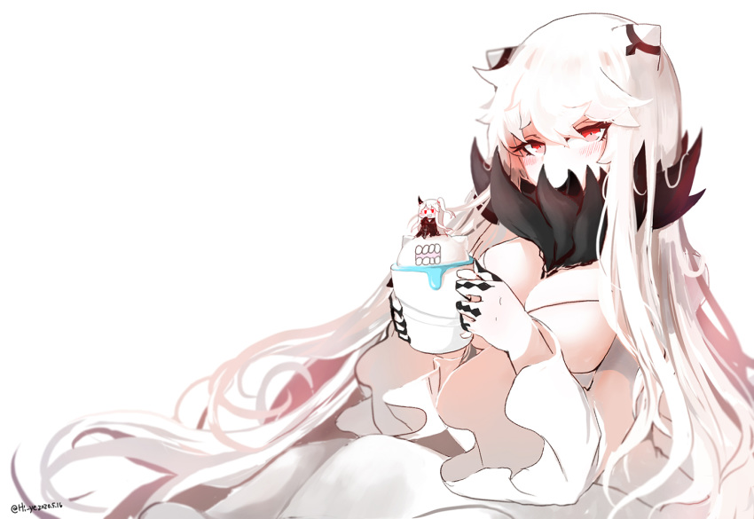 2girls aircraft_carrier_hime blush breasts cleavage covered_mouth cup dress hair_between_eyes hi_ye holding holding_cup horns kantai_collection long_dress long_hair midway_hime minigirl multiple_girls pale_skin red_eyes shinkaisei-kan side_ponytail simple_background very_long_hair white_background white_dress white_hair white_skin