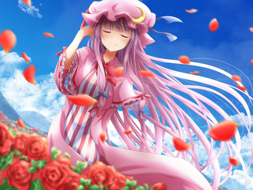 1girl arm_up blue_bow blue_ribbon blue_sky bow bowtie closed_eyes cloud commentary_request crescent crescent_moon_pin dress eyebrows_visible_through_hair flower garden hair_bow hat hat_ribbon long_hair mob_cap mountainous_horizon patchouli_knowledge petals pink_dress purple_hair ram_hachimin red_bow red_neckwear red_ribbon ribbon rose rose_petals sky smile solo striped striped_dress touhou very_long_hair wide_sleeves